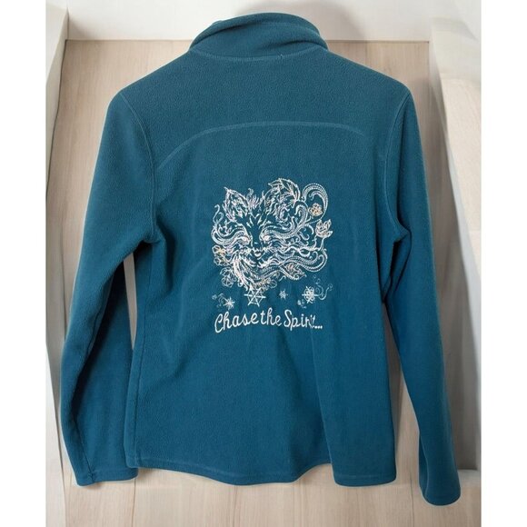 Old Navy Fleece Zip Up Jacket Womens Size L Teal Embroidered "Chase The Spirit" - Picture 1 of 9